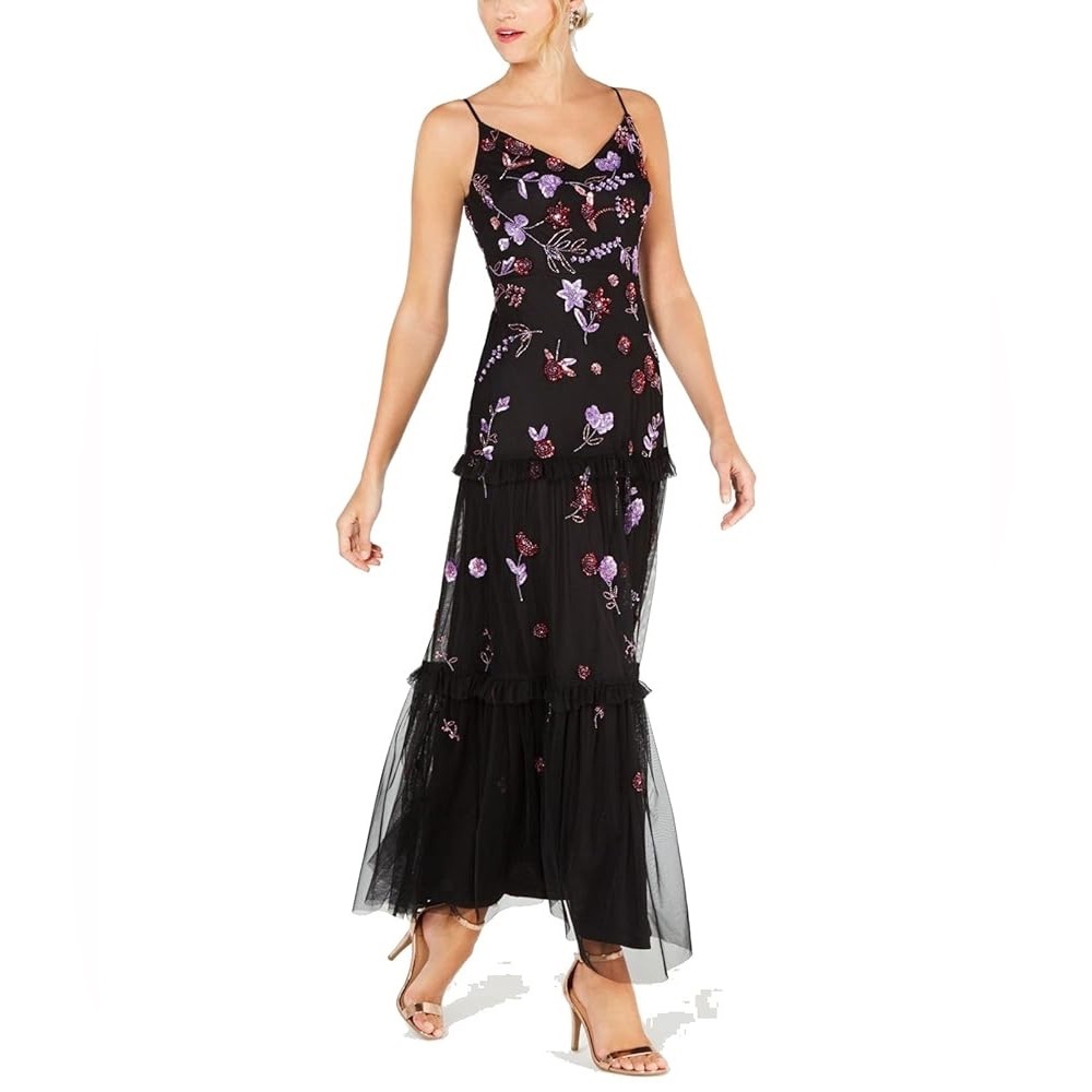 Adrianna Papell Embellished Tiered-ruffle Gown In Black